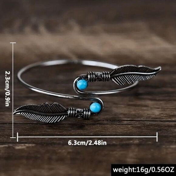 Boho Silver Turquoise Feather Open Bangle Arm Cuff Bracelet - Picture 4 of 4